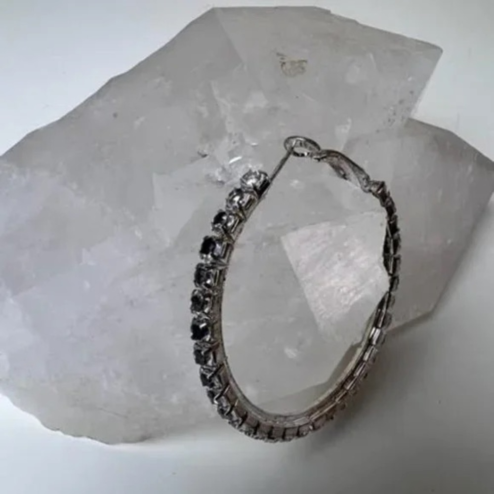 Small Silver Rhinestone Hoop Earrings - Picture 2 of 5